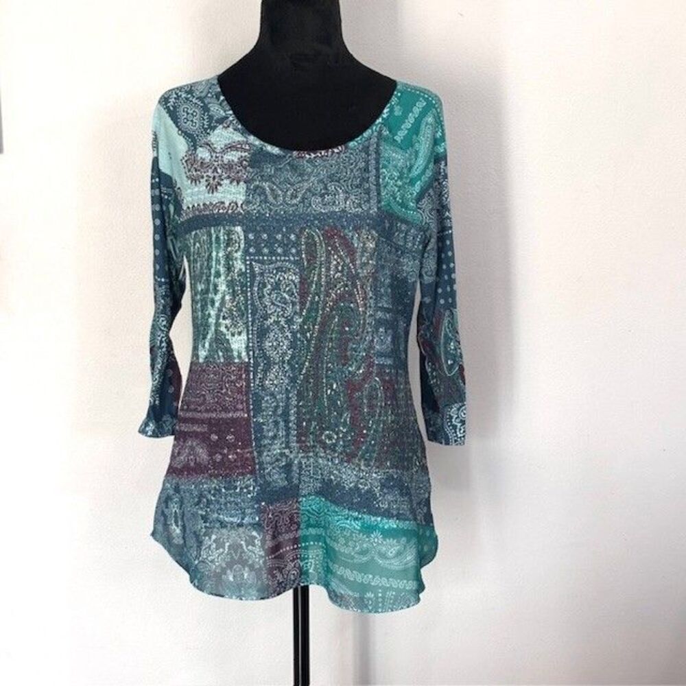 Christopher Banks Women's Teal Blue Jeweled Paisley Blouse 3/4 Sleeve Medium